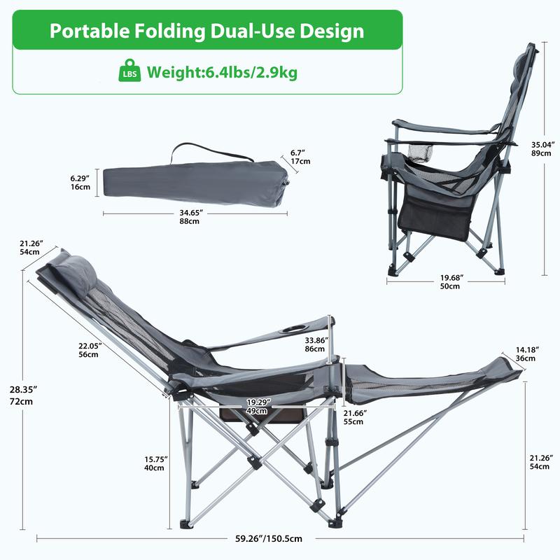 Reclining Camping Chair with Footrest & Headrest: Portable Lounge Chair Featuring Storage Bag & Cup Holder for Outdoor Adventures and Indoor Comfort