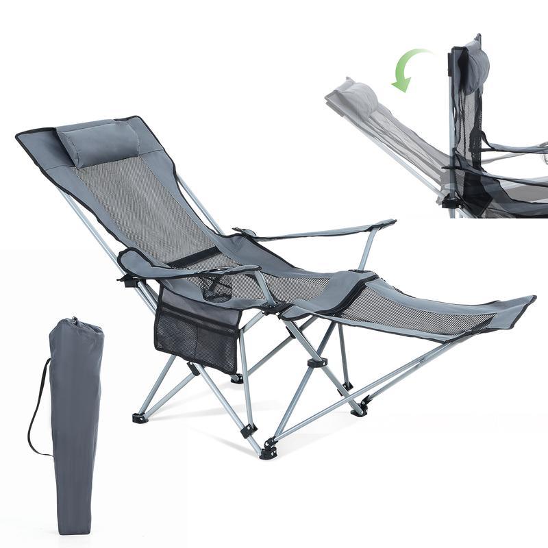 Reclining Camping Chair with Footrest & Headrest: Portable Lounge Chair Featuring Storage Bag & Cup Holder for Outdoor Adventures and Indoor Comfort