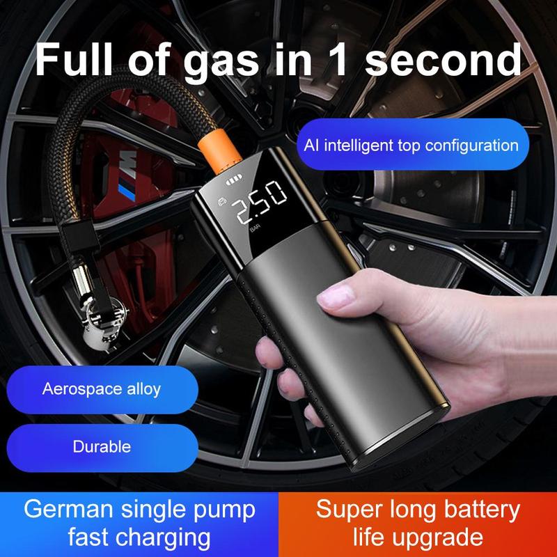 Portable Wireless Car Air Compressor, Multifunctional Mini Car Air Pump with Pressure Gauge & LED Light, Compact Emergency Electric Bike Pump for Car