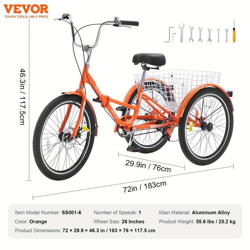 26-Inch Adult Tricycle Folding Tricycle, Aluminum Alloy Brake and Quick Assembly, 3-Wheel Bicycle 1-Speed Tricycle with Shopping Basket, Suitable for Elderly Adults, Vibrant Orange