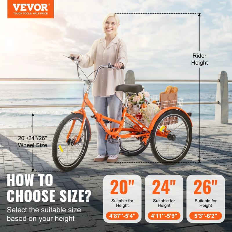 26-Inch Adult Tricycle Folding Tricycle, Aluminum Alloy Brake and Quick Assembly, 3-Wheel Bicycle 1-Speed Tricycle with Shopping Basket, Suitable for Elderly Adults, Vibrant Orange