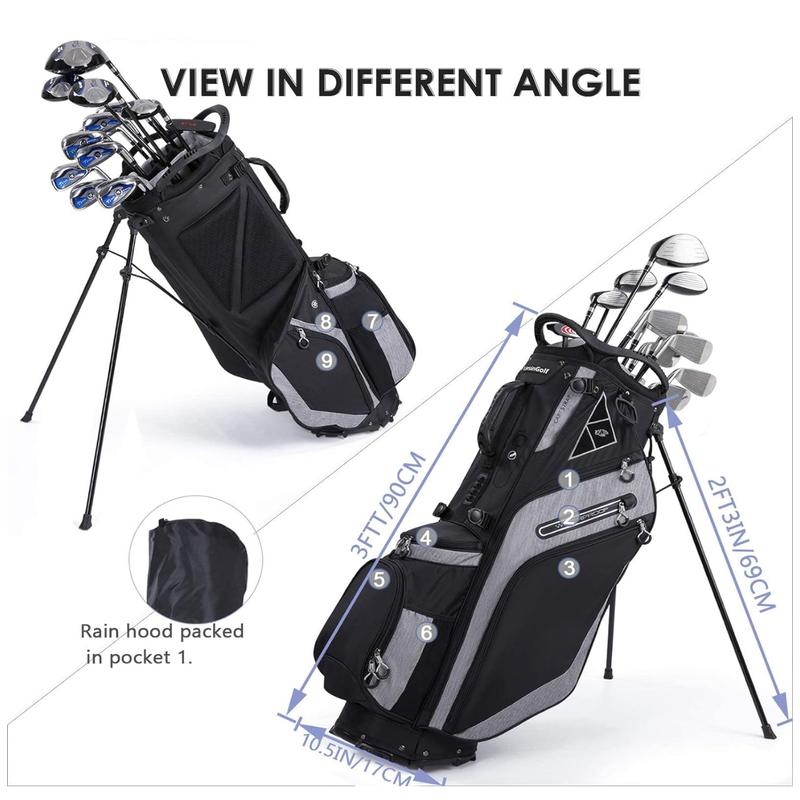 Golf Stand Bag 14 Way Top Dividers Ergonomic with Stand 8 Pockets,Lightweight Golf Bag for Men, Golf Bags with Stand,Dual Strap, Rain Hood