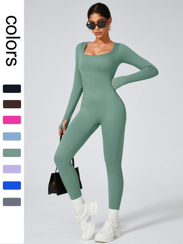 Women's Solid Long Sleeve Square Neck Sports Jumpsuit, Casual Comfy High Stretch Seamless Jumpsuit for Yoga Gym Workout Running, Ladies Sportswear for All Seasons