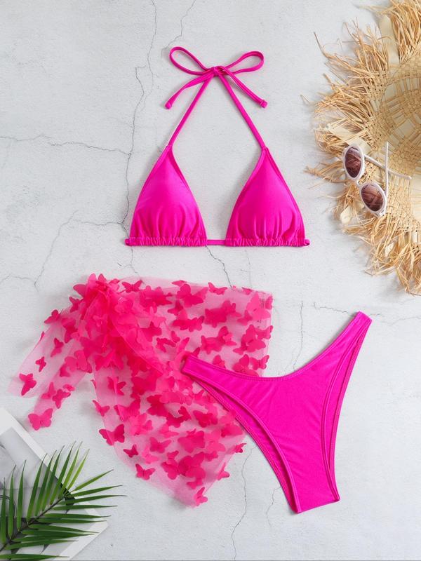 Women's Butterfly Appliques Sheer Bikinis Set, Halter Triangle Swim Cup Bra & High Cut Swim Panty & Knot Side Cover Up Skirt, Swimsuit Sets, Bathing Suits 2024 for Women Summer, Summer Tummy Control Swimwear for Beach Holiday