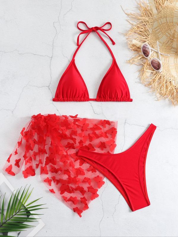 Women's Butterfly Appliques Sheer Bikinis Set, Halter Triangle Swim Cup Bra & High Cut Swim Panty & Knot Side Cover Up Skirt, Swimsuit Sets, Bathing Suits 2024 for Women Summer, Summer Tummy Control Swimwear for Beach Holiday