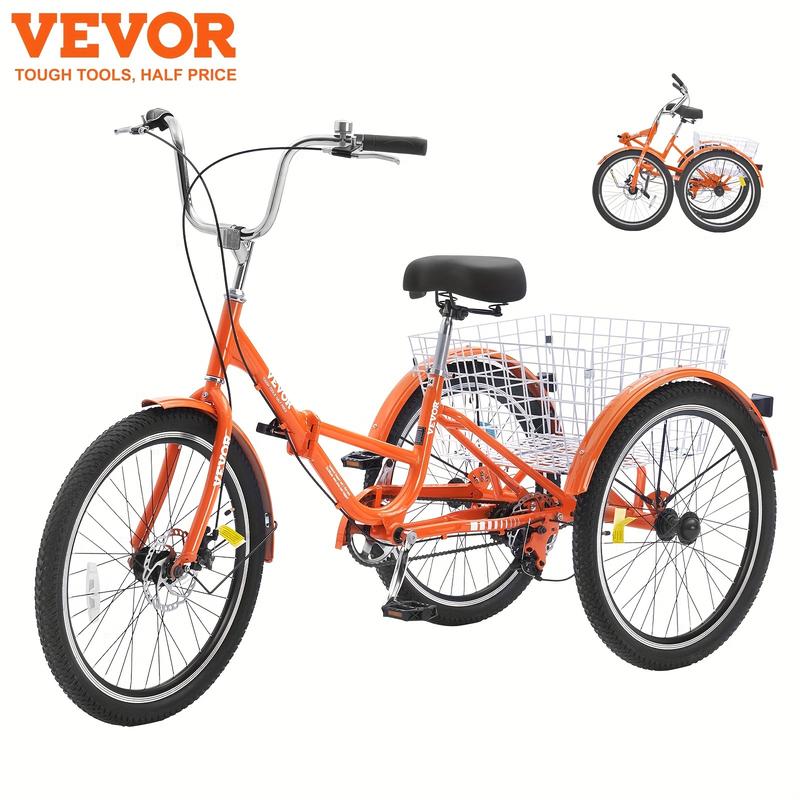 26-Inch Adult Tricycle Folding Tricycle, Aluminum Alloy Brake and Quick Assembly, 3-Wheel Bicycle 1-Speed Tricycle with Shopping Basket, Suitable for Elderly Adults, Vibrant Orange