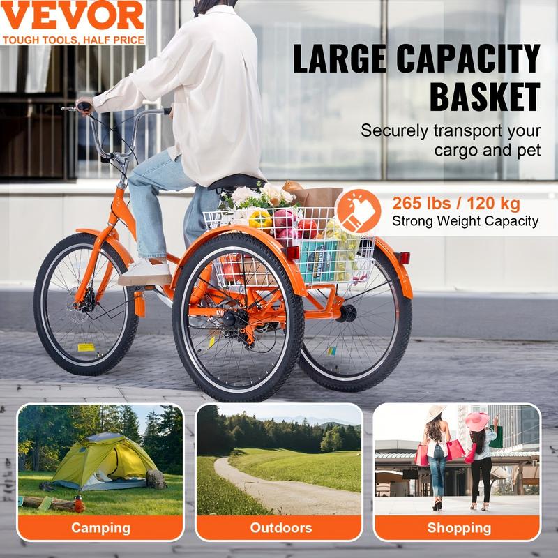 26-Inch Adult Tricycle Folding Tricycle, Aluminum Alloy Brake and Quick Assembly, 3-Wheel Bicycle 1-Speed Tricycle with Shopping Basket, Suitable for Elderly Adults, Vibrant Orange