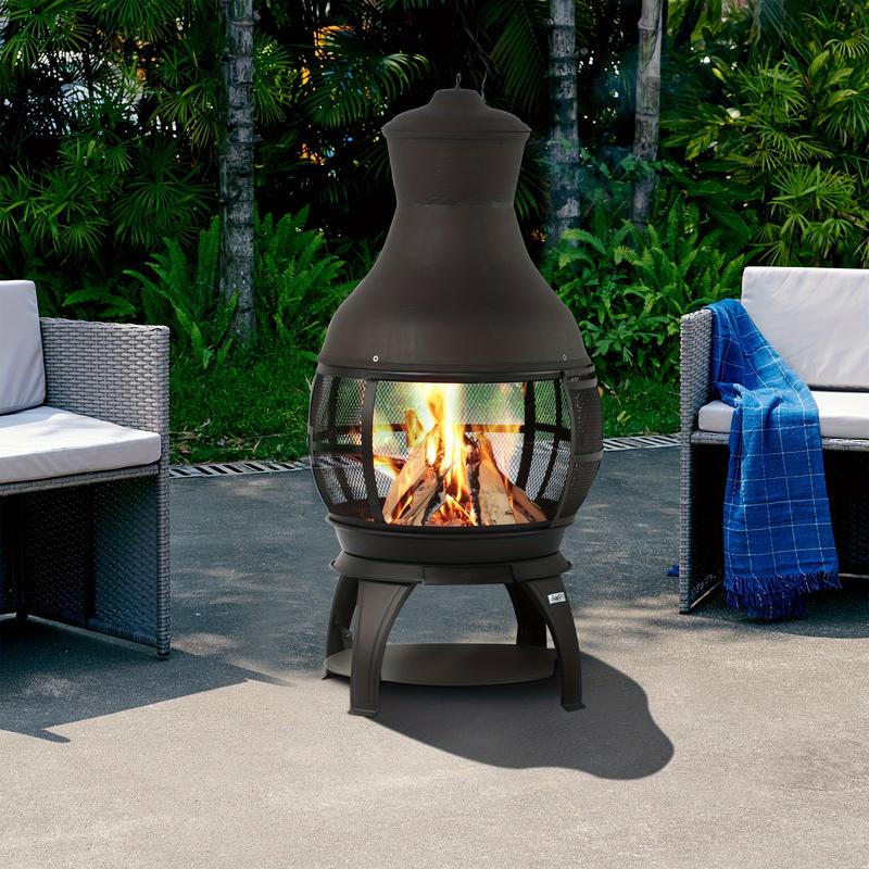 BALI OUTDOORS Wood Burning Fire Pit, Outdoor Chimenea Wooden Fireplace, Brown-Black Round Cast Iron Fire Pit With Poker, Ash Pan For Backyard, Garden