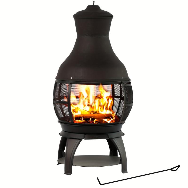 BALI OUTDOORS Wood Burning Fire Pit, Outdoor Chimenea Wooden Fireplace, Brown-Black Round Cast Iron Fire Pit With Poker, Ash Pan For Backyard, Garden