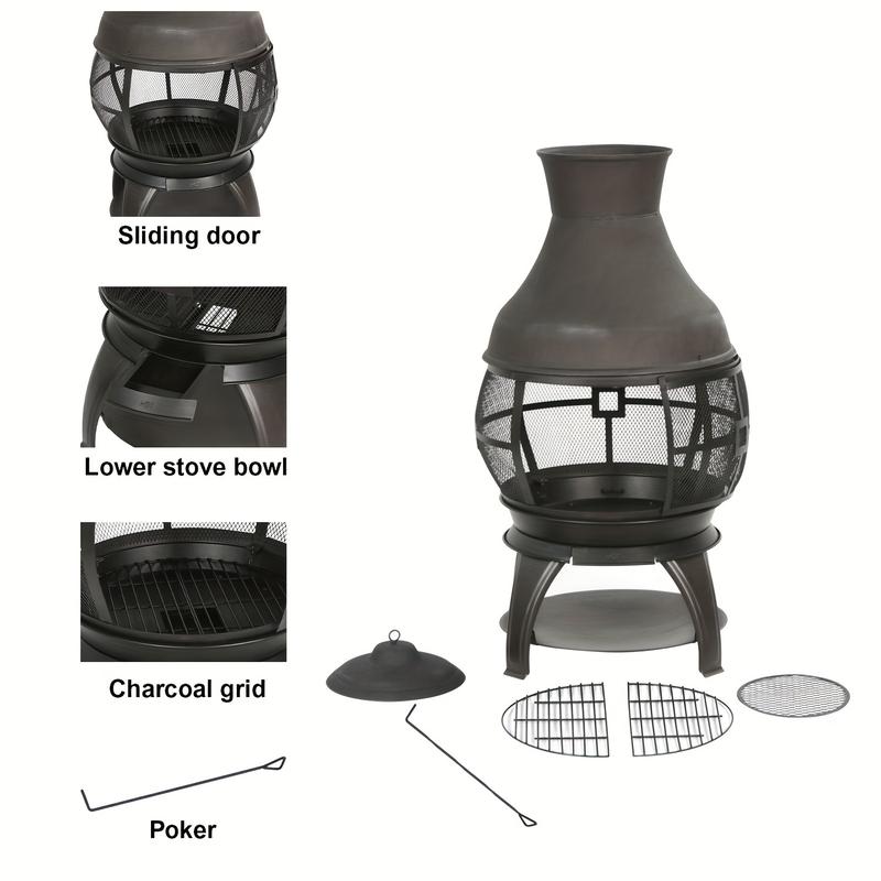 BALI OUTDOORS Wood Burning Fire Pit, Outdoor Chimenea Wooden Fireplace, Brown-Black Round Cast Iron Fire Pit With Poker, Ash Pan For Backyard, Garden