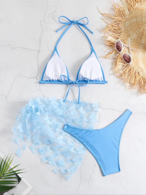 Women's Butterfly Appliques Sheer Bikinis Set, Halter Triangle Swim Cup Bra & High Cut Swim Panty & Knot Side Cover Up Skirt, Swimsuit Sets, Bathing Suits 2024 for Women Summer, Summer Tummy Control Swimwear for Beach Holiday