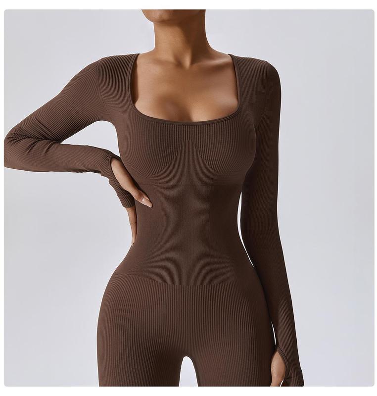 Women's Long Sleeve Square Neck Ribbed Rompers Solid Workout Bodycon Sport Jumpsuit winter sport