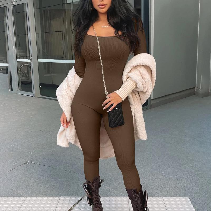 Women's Long Sleeve Square Neck Ribbed Rompers Solid Workout Bodycon Sport Jumpsuit winter sport