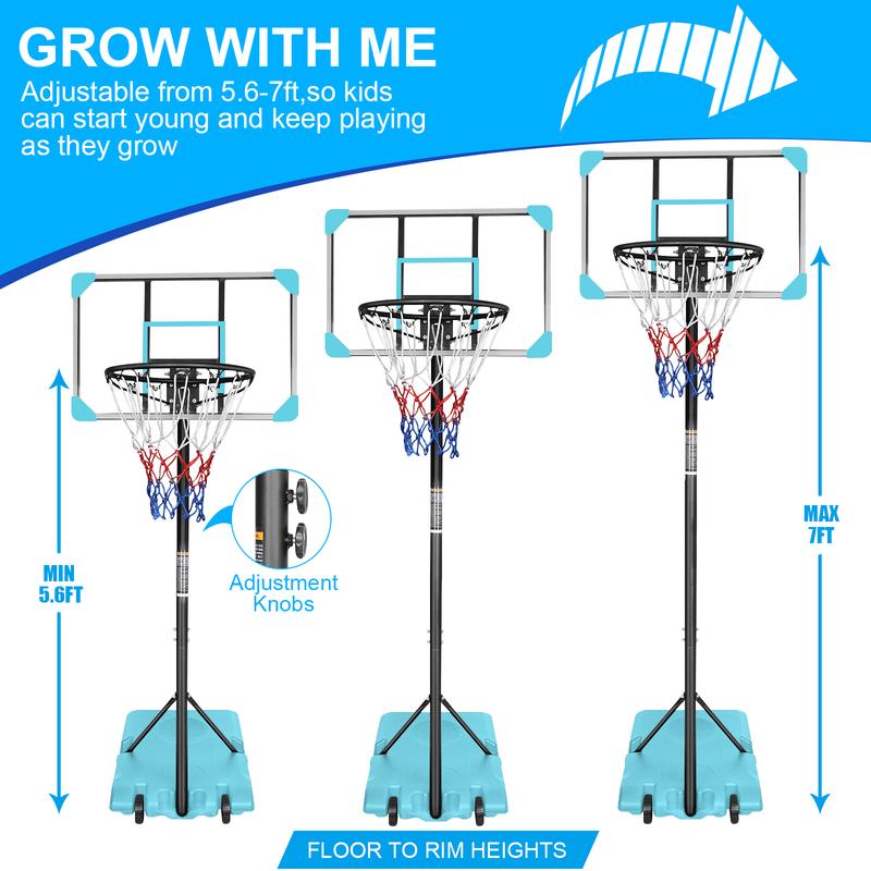 Portable Basketball Goal System with Stable Base and Wheels for Indoor Outdoor Height Adjustable 5.6 to 7ft Hoop - 28 Inch Backboard