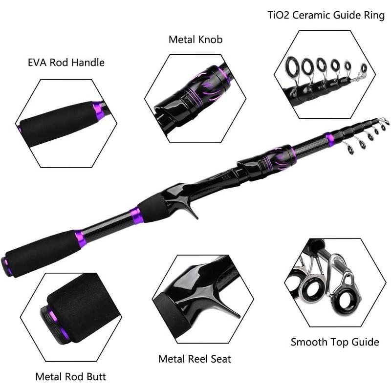 Fishing Rod and Reel Combo - 6.9ft Telescopic Spincast Rod with Left Handed Baitcasting Reel Combos - Sea Saltwater Freshwater Ice Bass Fishing Tackle Set - Fishing Rods Kit