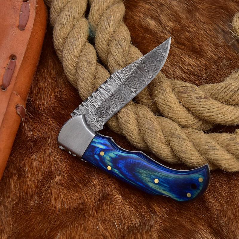 Damascus Steel Folding Pocket Knife - Blue Wood Handle, 7