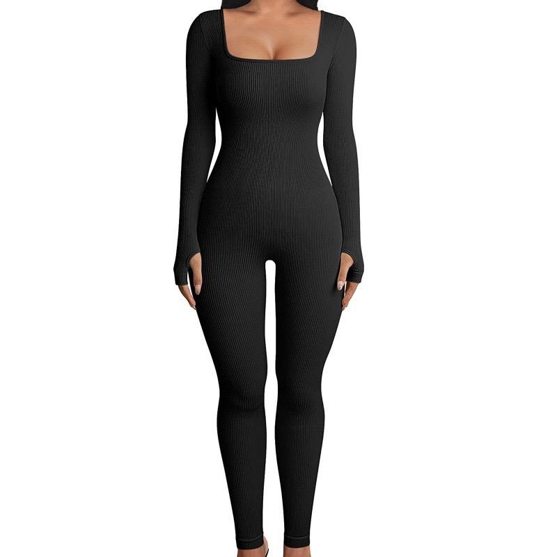 Women's Long Sleeve Square Neck Ribbed Rompers Solid Workout Bodycon Sport Jumpsuit winter sport