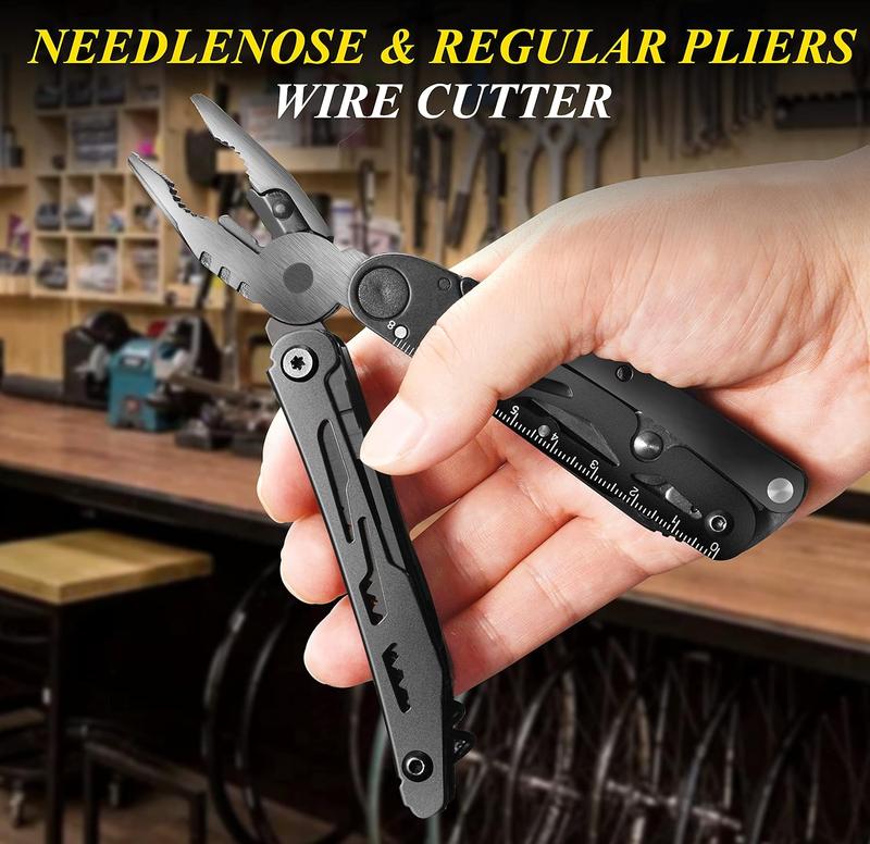 Multitool Pocket Knife Tactical Camping Survival Knife Gifts for Men Dad Husband 18 in 1 Multi Tool Knife Pliers Scissors Saw Corkscrew 9-Pack Screwdrivers with Safety Lock and Nylon Sheath