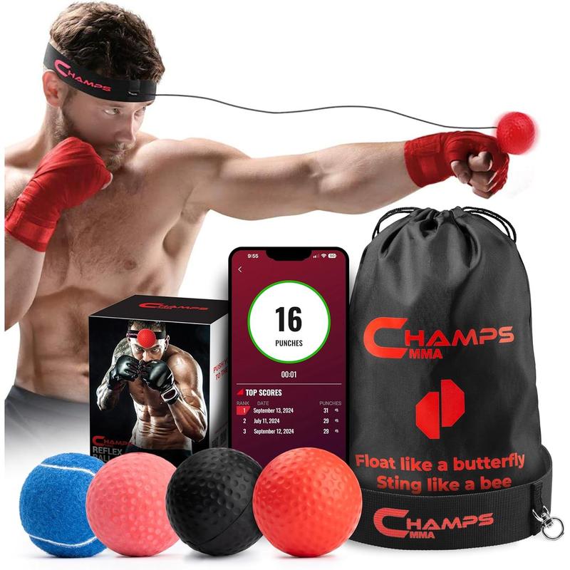 Boxing Reflex Ball Set with Punch Counter App– 4 Boxing Balls with Varying Weights, Headband and 4 Spare Strings to Improve Speed, Hand-Eye Coordination for Men, Kids Boxing Equipment MMA Gear Gift