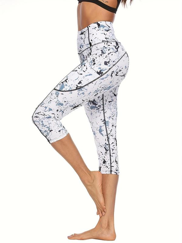 Women's All Over Print High Waist Pocket Capri Leggings, Scrunch Leggings for Women, Sporty High Stretch Skinny Pants for Yoga Gym Fitness,  Workout Clothes for Women,  Ladies Sportswear Bottoms for All Seasons