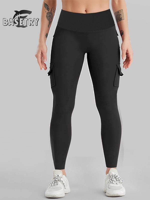 Women's Solid High Waist Pocket Sports Leggings, Casual Comfy Breathable Seamless Skinny Pants for Yoga Gym Workout, Ladies Sportswear for Fall & Winter