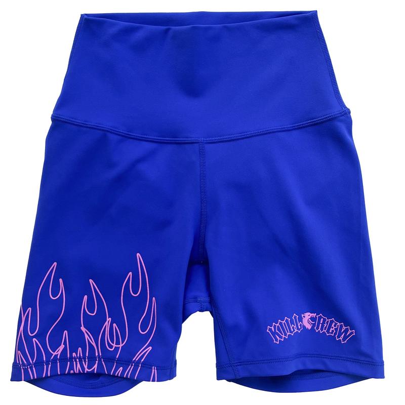 [Kill Crew] Scrunch Biker Shorts Flames - Blue   Pink, Womens Compression Gym Shorts, XXS-3XL