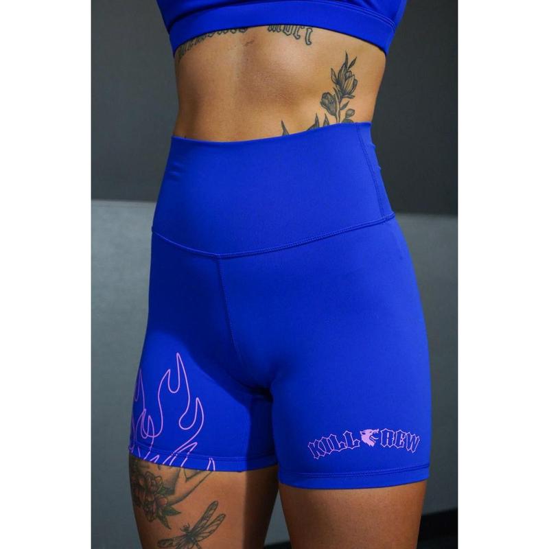 [Kill Crew] Scrunch Biker Shorts Flames - Blue   Pink, Womens Compression Gym Shorts, XXS-3XL