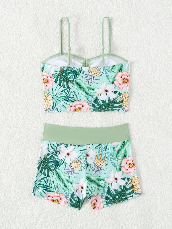 Women's Floral Print Drawstring Tankini Set, Boho Ruched Swim Crop Cami Top & High Waist Swim  Shorts, Two-piece Swimsuit for Beach Holiday Vacation