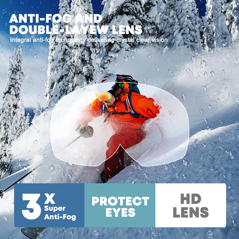 ZION Ski Goggles, Anti Fog UV400 Protection Double Layer Spherical, With Cold Hot Perfect Circulatory System, Anti-Glare Lenses Snow Snowboard Skiing Goggles for Men, Women, Youth (Red) Windproof Anti-Fog