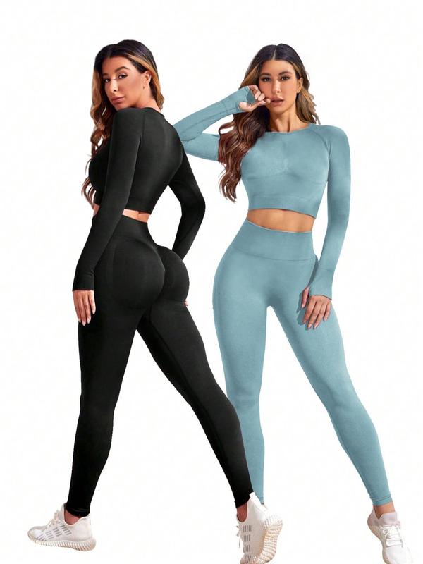 Women's Solid Raglan Sleeve Crop Tee & High Waist Leggings Tracksuit Set, Sporty Breathable Comfy Outfits for Yoga Gym Workout Running, Ladies Sportswear for All Seasons