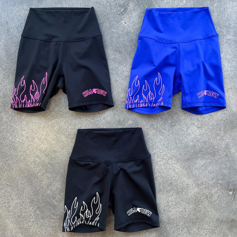 [Kill Crew] Scrunch Biker Shorts Flames - Blue   Pink, Womens Compression Gym Shorts, XXS-3XL