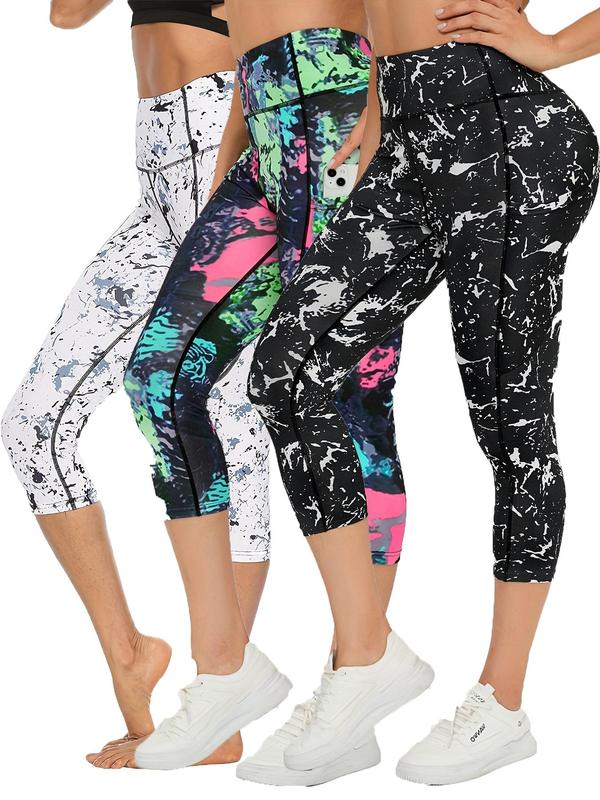 Women's All Over Print High Waist Pocket Capri Leggings, Scrunch Leggings for Women, Sporty High Stretch Skinny Pants for Yoga Gym Fitness,  Workout Clothes for Women,  Ladies Sportswear Bottoms for All Seasons