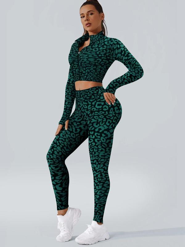 Women's Leopard Print Zip Up Sports Set, Breathable Comfortable Long Sleeve Crop Top & Pant Set for Yoga Gym Workout, Ladies Sportswear for All Seasons