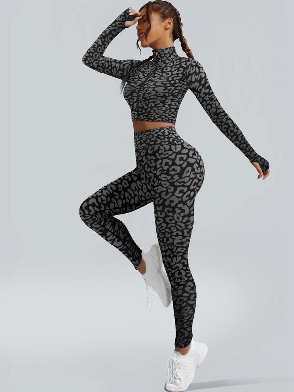 Women's Leopard Print Zip Up Sports Set, Breathable Comfortable Long Sleeve Crop Top & Pant Set for Yoga Gym Workout, Ladies Sportswear for All Seasons