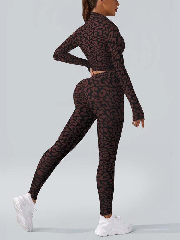 Women's Leopard Print Zip Up Sports Set, Breathable Comfortable Long Sleeve Crop Top & Pant Set for Yoga Gym Workout, Ladies Sportswear for All Seasons