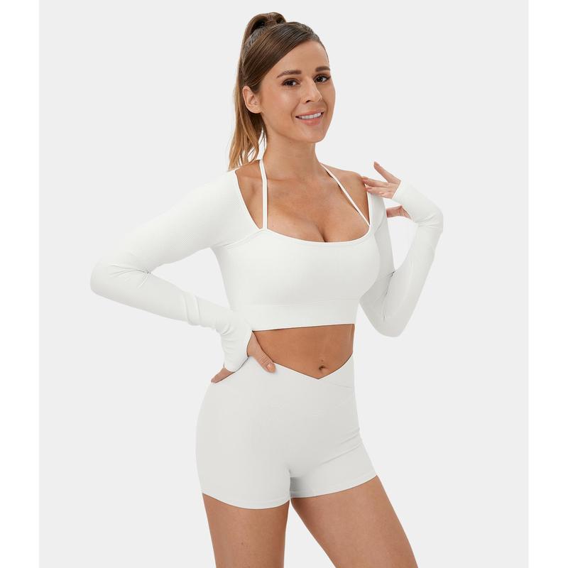 Halara Ribbed Halter Strap Thumb Hole Cropped Yoga Sports Top