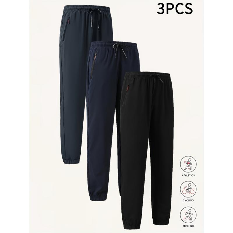 3pcs Breathable Athletic Joggers Set - Men's Quick-Dry Sweatpants for Gym & Outdoor Activities, Solid Color with Pockets