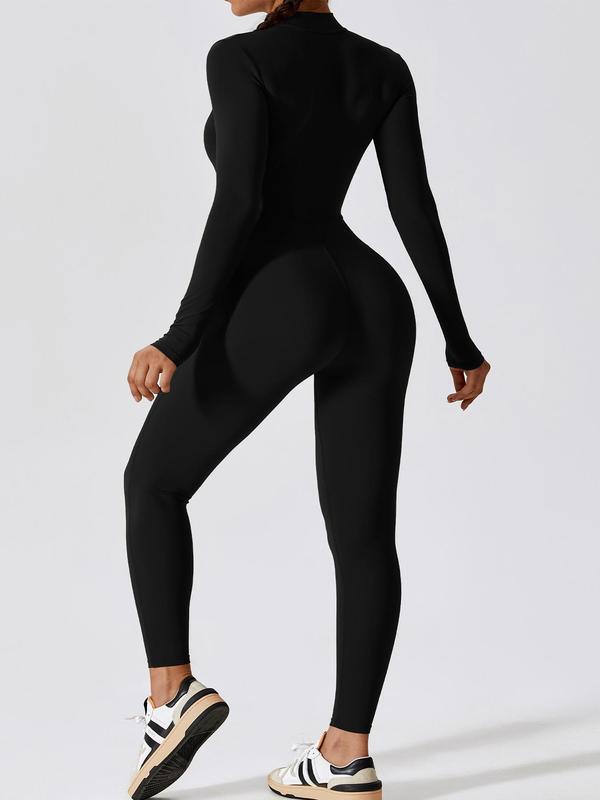 Women's Solid Zip Up Sports Jumpsuit, Long Sleeve Zip Front Jumpsuit for Yoga Gym Workout, Ladies Sportswear for Spring & Fall