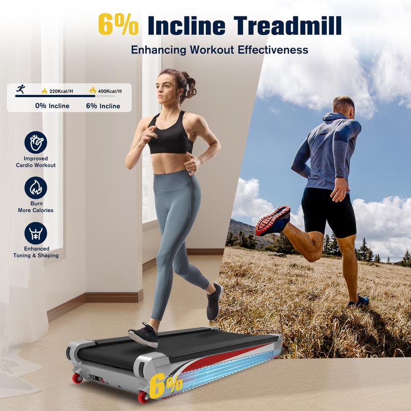 Redliro Walking Pad Treadmill with 6% Incline, Under Desk Treadmill 350+ lb Capacity Portable for Home & Office, Compact Mini Jogging Machine for Small Space Installation-Free with Remote Control