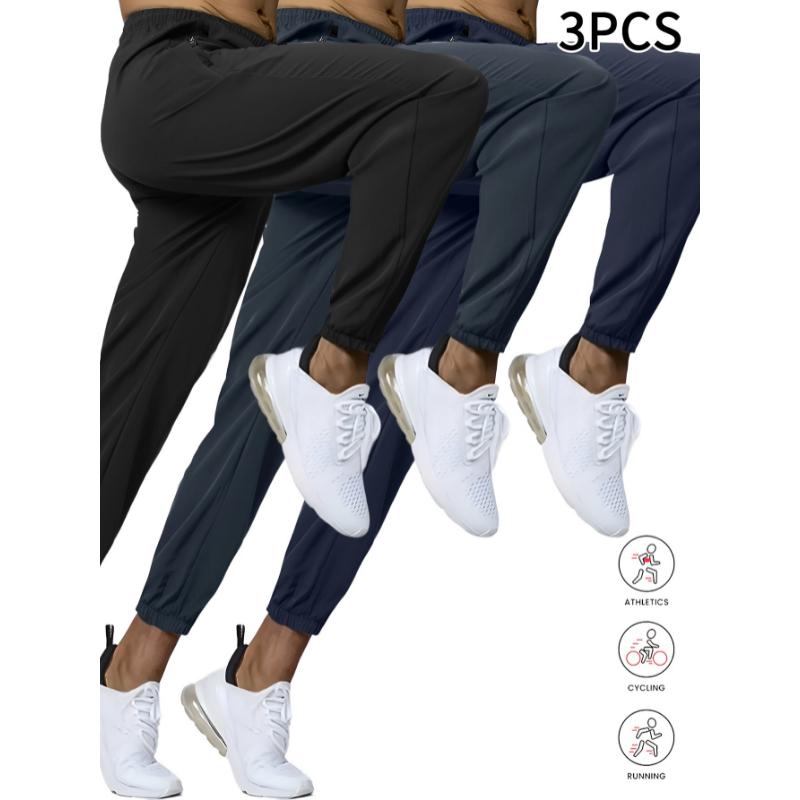 3pcs Breathable Athletic Joggers Set - Men's Quick-Dry Sweatpants for Gym & Outdoor Activities, Solid Color with Pockets