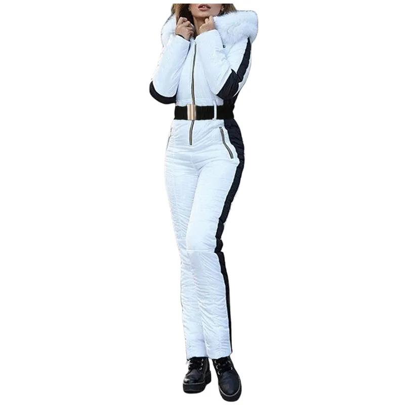 Women's Winter Snow Suit Sets Outdoor Sports Removable Collar Jumpsuit Outdoor Sports Zipper Ice Ski Set Hoodie Skiing Costume