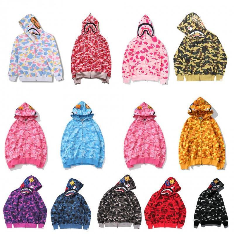 Hip Hop Fashion Brand, Japanese Style, Classic Style, Shark Camouflage Hooded Cardigan Zipper Men's and Women's Fashion Brand Hoodie Jacket, Shark Double Hat Casual Hoodie Zipper Jacket Camouflage Fashion Brand Loose Hoodie, Bape, Full Zip Sweatshirt