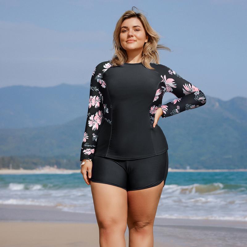 Hanna Nikole Women's Plus Size Sun Protection Long Sleeve Two Piece Swimsuit with Boys Shorts UPF 50 Swimsuit