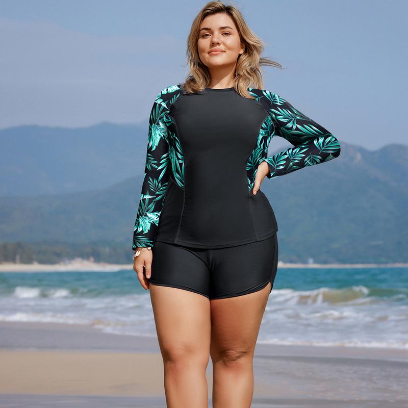 Hanna Nikole Women's Plus Size Sun Protection Long Sleeve Two Piece Swimsuit with Boys Shorts UPF 50 Swimsuit