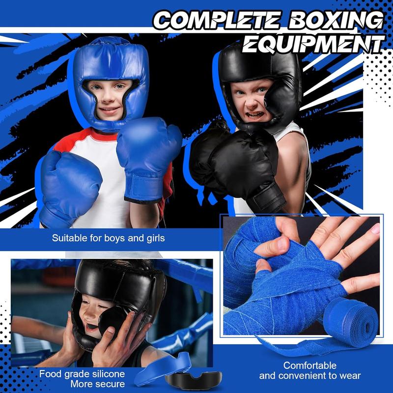 12 counts Kids Boxing Equipment Set Including Boxing Helmet and Gloves Hand Wraps Sport MouthGuards Taekwondo Sparring Gear for Beginners Kids and Children Ages 6-18 Years