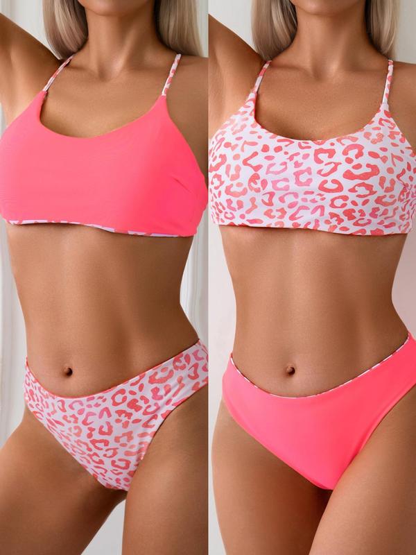 Two-Piece Set Women's Leopard Print Criss Cross Tie Back Reversible Bikini Set, Casual Wireless Push Up Bra & Panty Set, Ladies Summer Swimwear