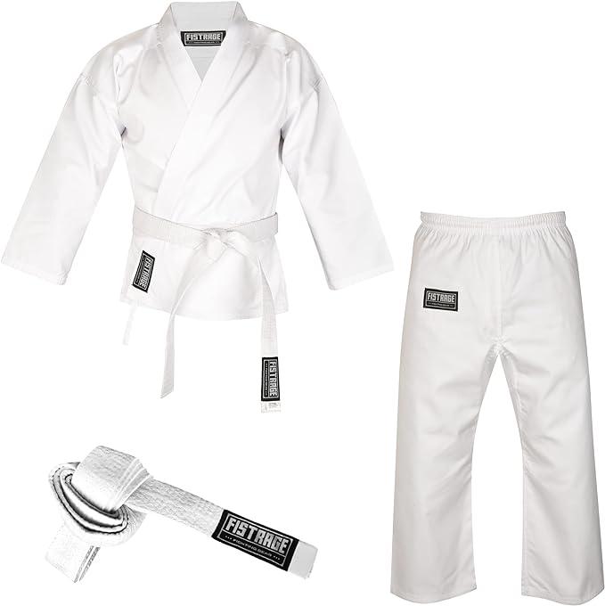 FISTRAGE Karate Gi 8 oz Lightweight Uniform with Belt Soft Poly Cotton Blend Fabric for Martial Arts Beginner Training Suit