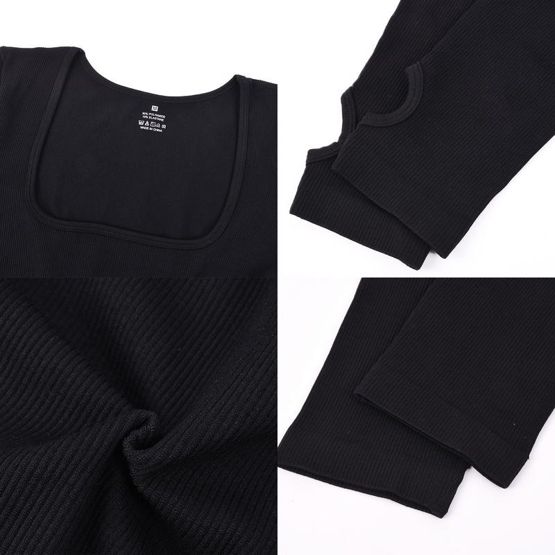 Women's Long Sleeve Square Neck Yoga Jumpsuit Fitness Jumpsuit Ribbed Tight Slim Fit Athletic Jumpsuit Indoor Yoga Jumpsuit