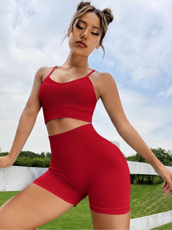 Two-Piece Set Women's Solid Criss Cross Backless Crop Cami Top & High Waist Shorts Tracksuit Set, Sporty Scoop Neck Sleeveless Top & Skinny Shorts, Ladies Sportswear for Gym Workout Running