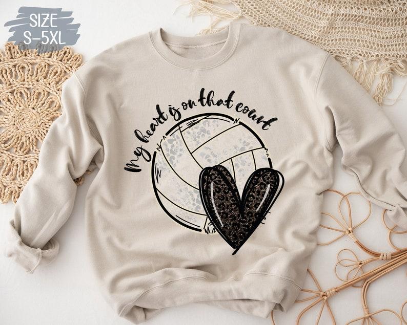 My Heart Is On That Court Volleyball Leopard Shirt, Volleyball Sweatshirt, Funny Volleyball Shirts, Volleyball Mom T-Shirt, Sports Tee